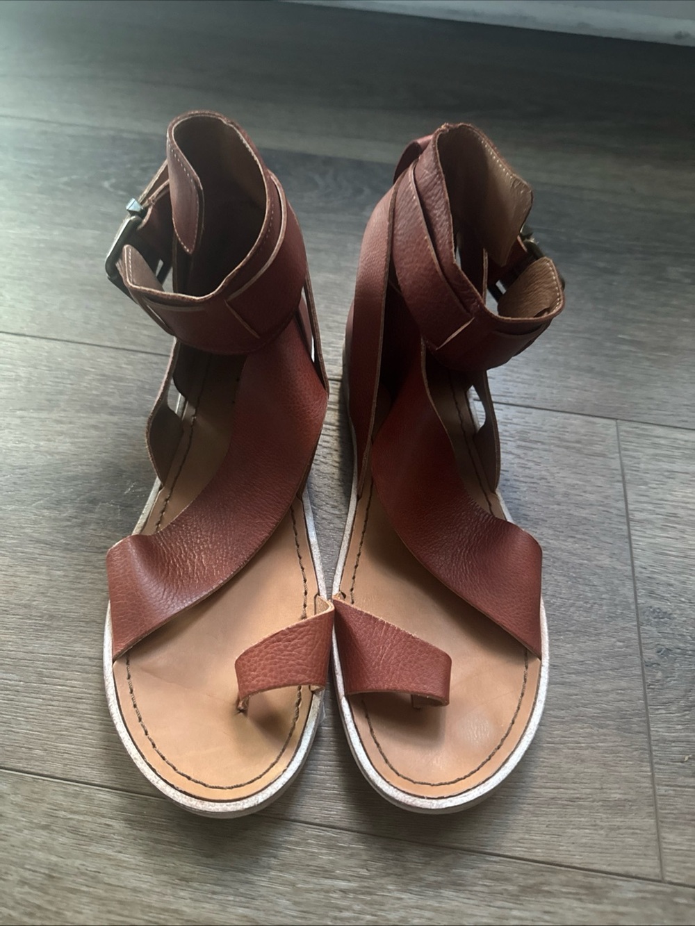 Free People Cognac Brown Leather Ankle-Wrap Sandals 8.5